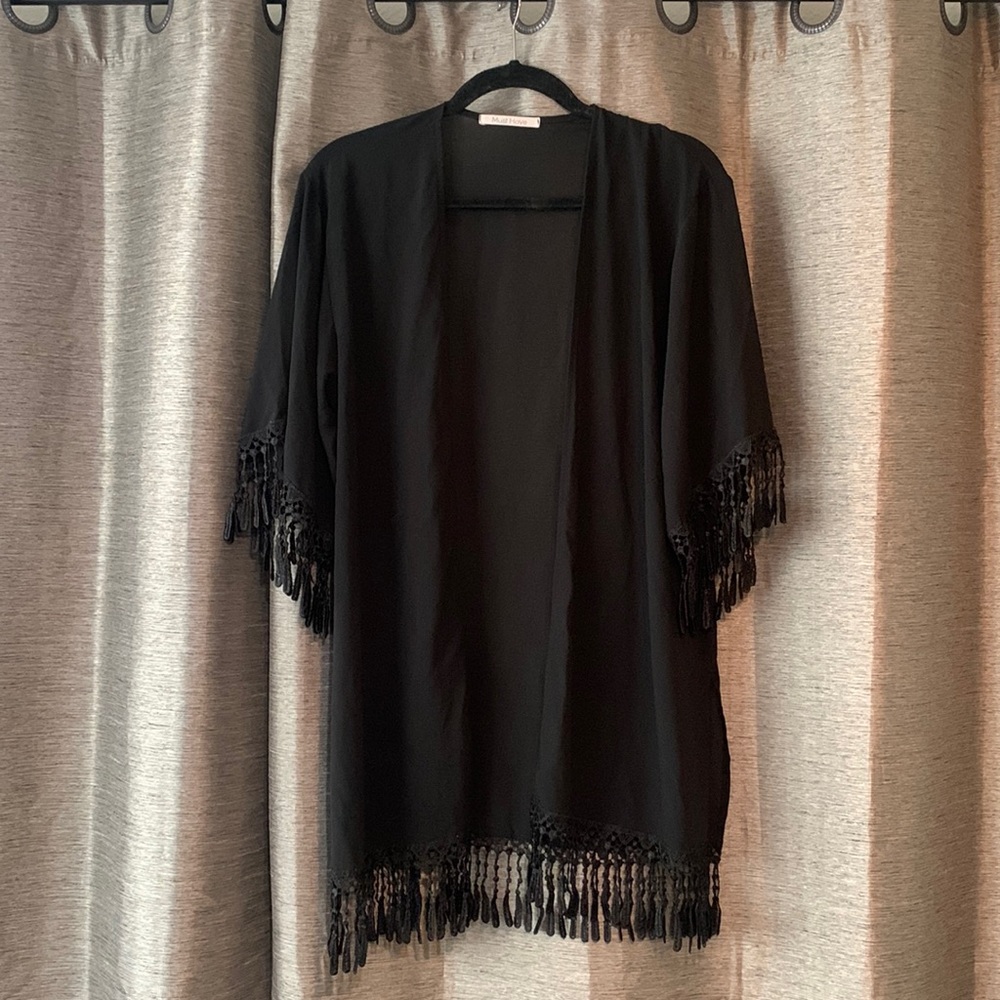 Sheer Black Tasseled Cover Up